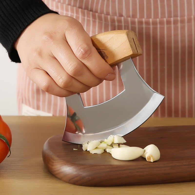 WiuCYS Alaskan Ulu Knives Pizza Cutter Chopper Slicer for Salad Vegetables Meat Chopping Mincing with Wooden Stand Arthritic Tool 5x4in (2) - Image 4